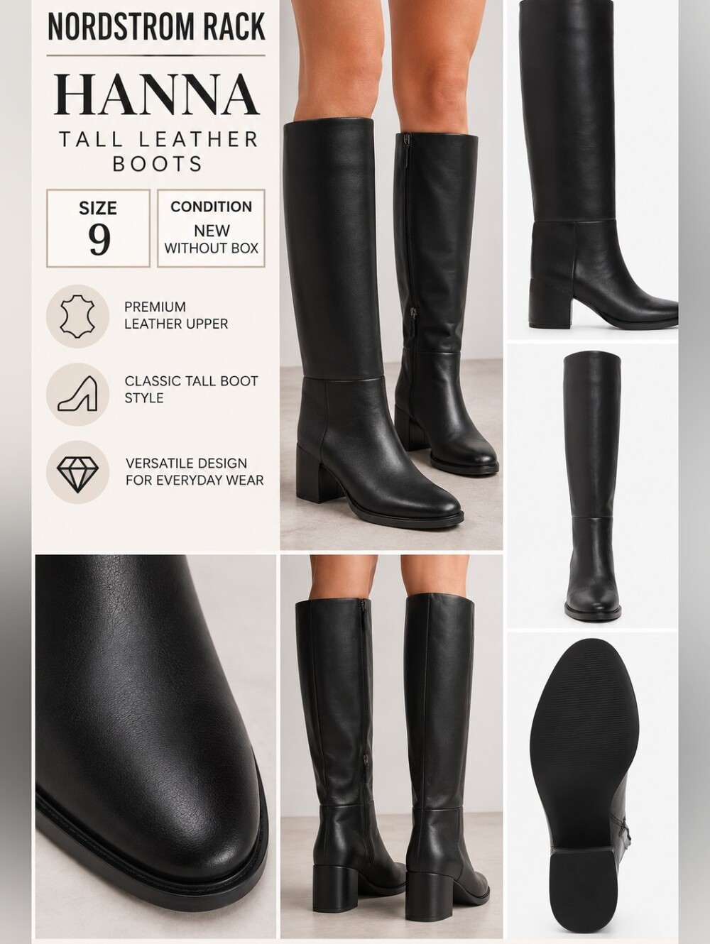 Nordsteom Rack Hannah Black Knee-High Leather Block Heel Boots NWOB